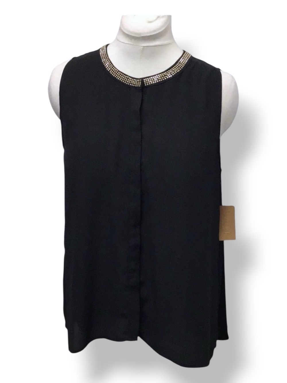 Rachel Roy Women’s Sleeveless Crewneck Button Down Draped Back Blouse Black M